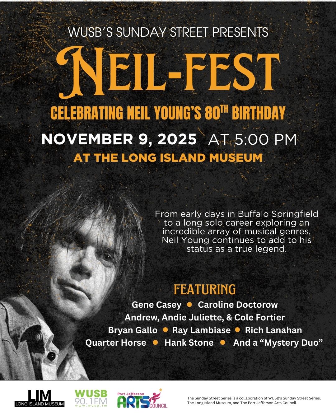 Poster promoting Neil-Fest. It's on November 9, 2025 at 5:00 PM at the Long Island Museum.